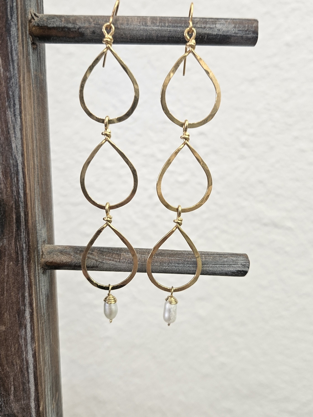 Gold Triple Teardrop Dangle Earrings with Pearl Accent